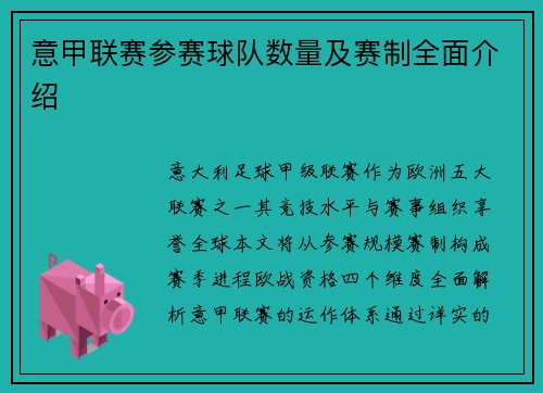 意甲联赛参赛球队数量及赛制全面介绍