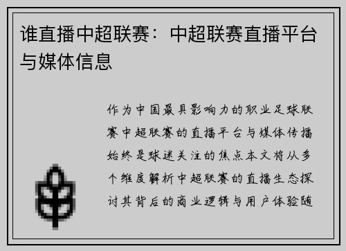 谁直播中超联赛：中超联赛直播平台与媒体信息